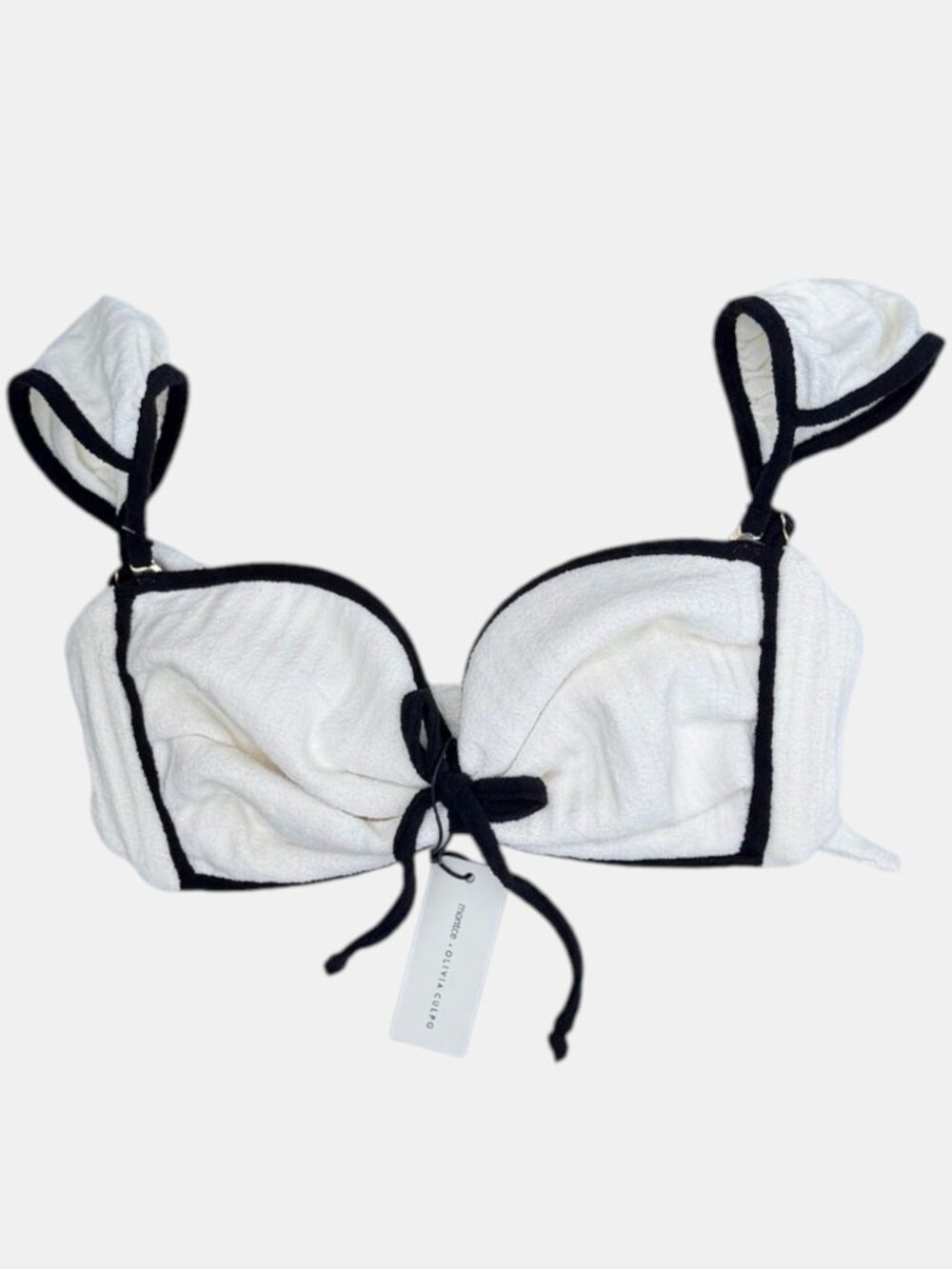Montce x Olivia Culpo Cabana Bows Bikini Top - Cream & Black Terry Rib - Size L - Picture 2 of 9